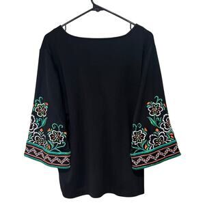 Bob Mackie Art to Wear Black Top Embroidered Multi-Color Flower Sleeves Size L